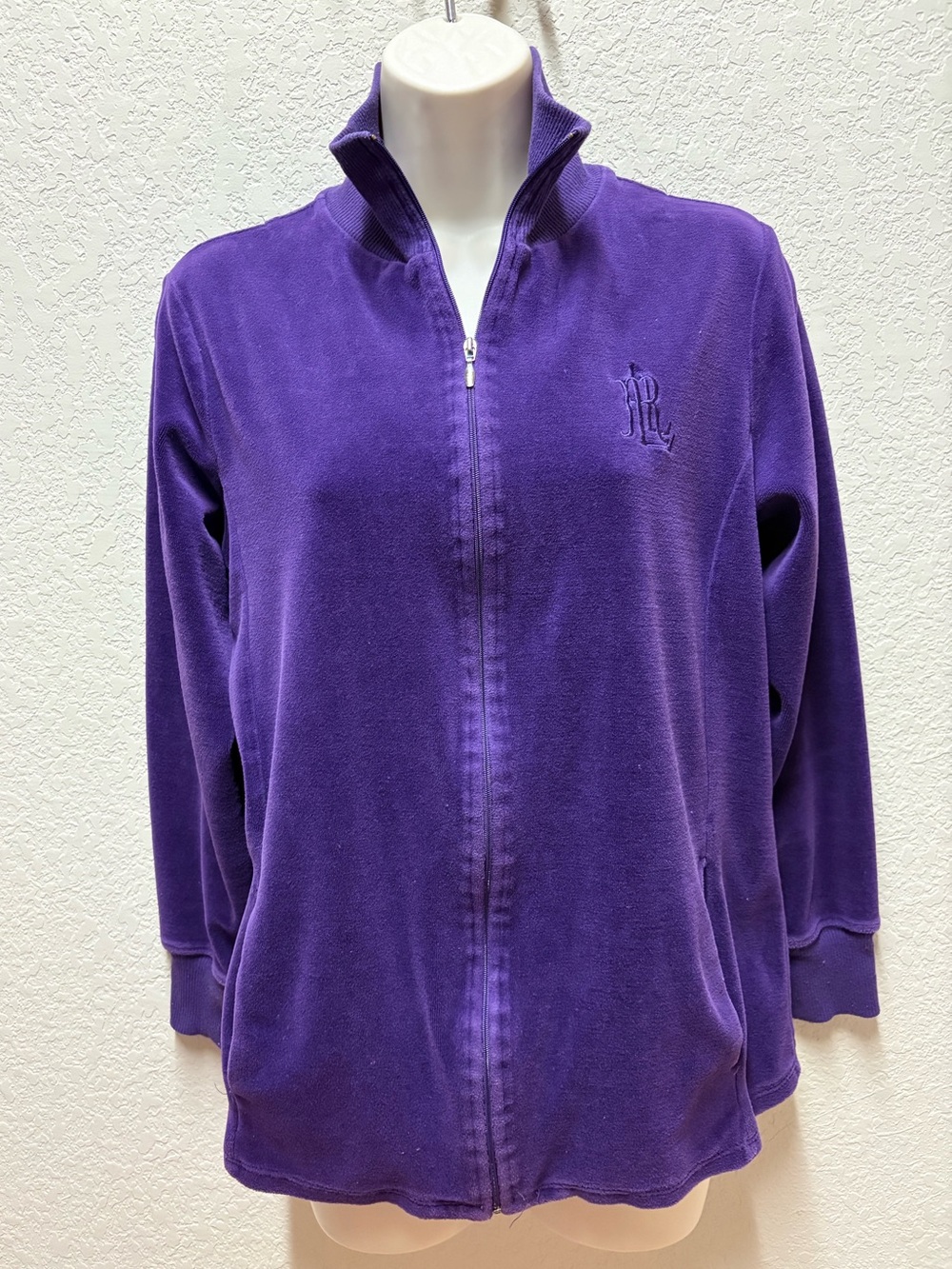 Ralph Lauren Essentials Purple Full-Zip Velour Jacket Sz L Y2K